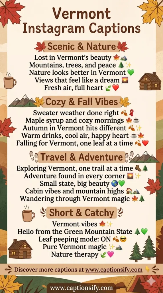 Short Vermont Travel Captions for Instagram Posts